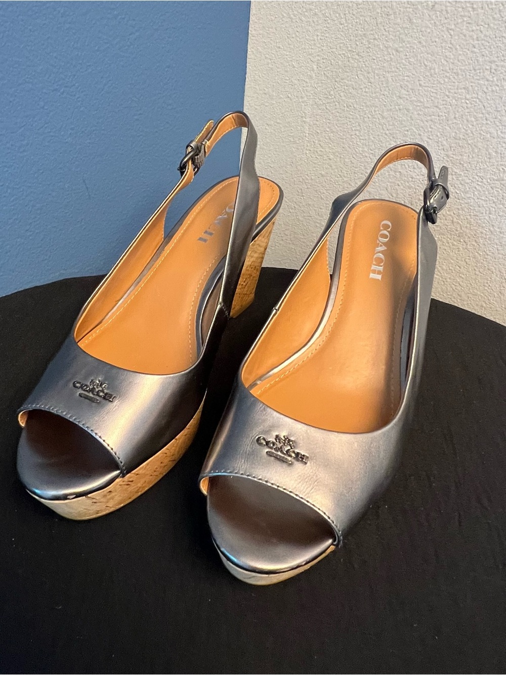 COACH Ferry Cork Wedge Metallic Gunmetal & Leather Peep Toe Slingback Sz 8.5 B - Picture 3 of 11